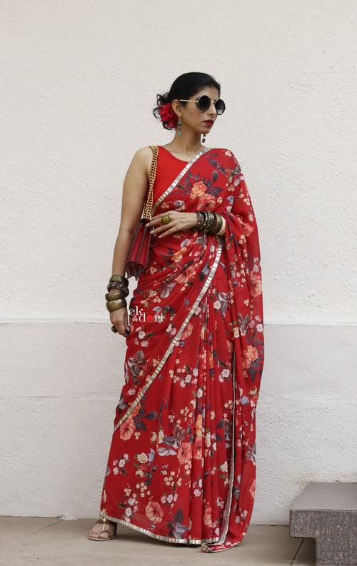 Summer Garden Red Floral Georgette Saree : Buy Statement Summer Floral Sarees Online