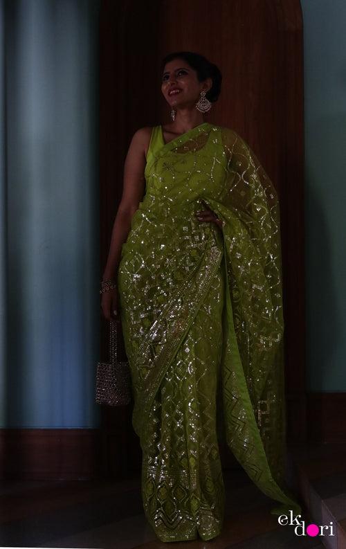 Buy Designer Net Saree : Green Goddess Festive Net Saree