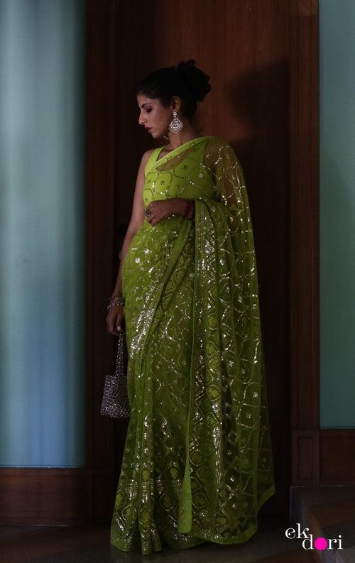 Buy Designer Net Saree : Green Goddess Festive Net Saree