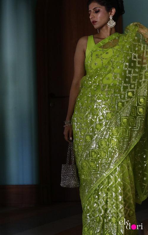 Buy Designer Net Saree : Green Goddess Festive Net Saree