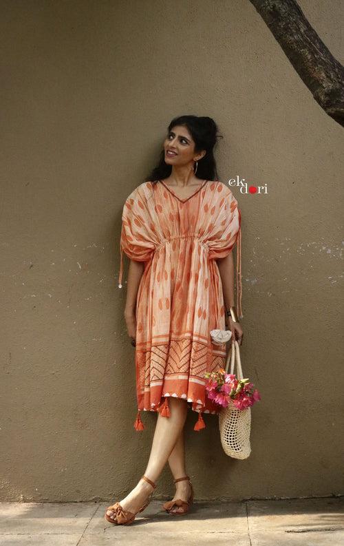 Anusha's Cotton Kaftan Dress : Orange Shibori Cotton Kaftan Kurta Dress