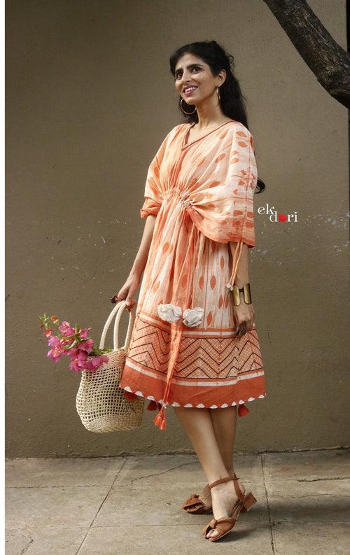 Anusha's Cotton Kaftan Dress : Orange Shibori Cotton Kaftan Kurta Dress