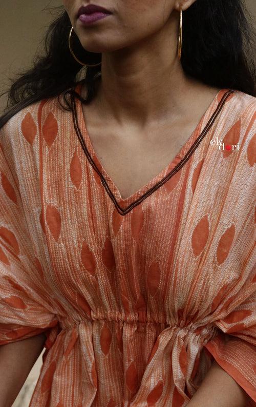 Anusha's Cotton Kaftan Dress : Orange Shibori Cotton Kaftan Kurta Dress