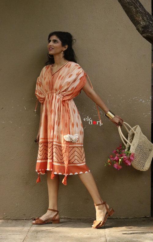 Anusha's Cotton Kaftan Dress : Orange Shibori Cotton Kaftan Kurta Dress