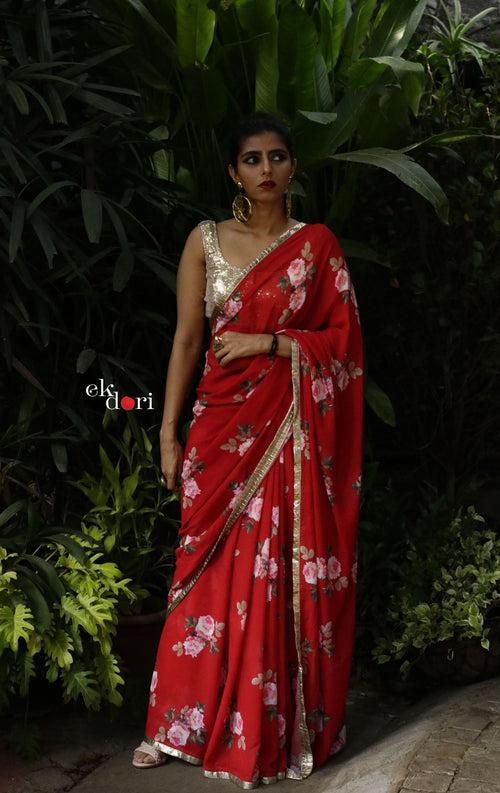 'The Queen' Red Floral Georgette Saree : Buy Festive Sarees Online