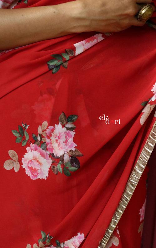 'The Queen' Red Floral Georgette Saree : Buy Festive Sarees Online