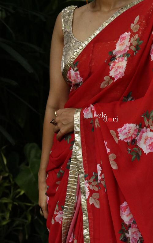 'The Queen' Red Floral Georgette Saree : Buy Festive Sarees Online