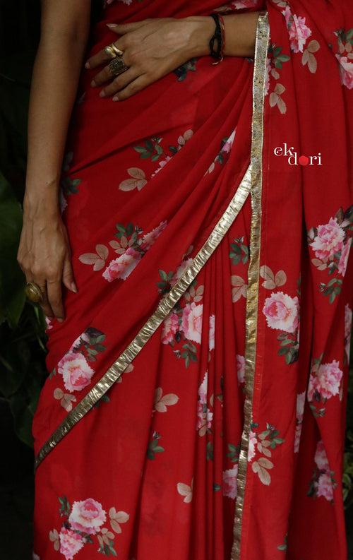 'The Queen' Red Floral Georgette Saree : Buy Festive Sarees Online