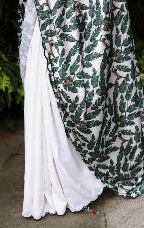 'Monkey Life' Tropical Print Satin Statement Saree : Buy Cocktail Sarees Online