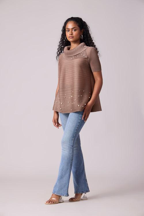 Hazel Pearled Top - Dark Taupe