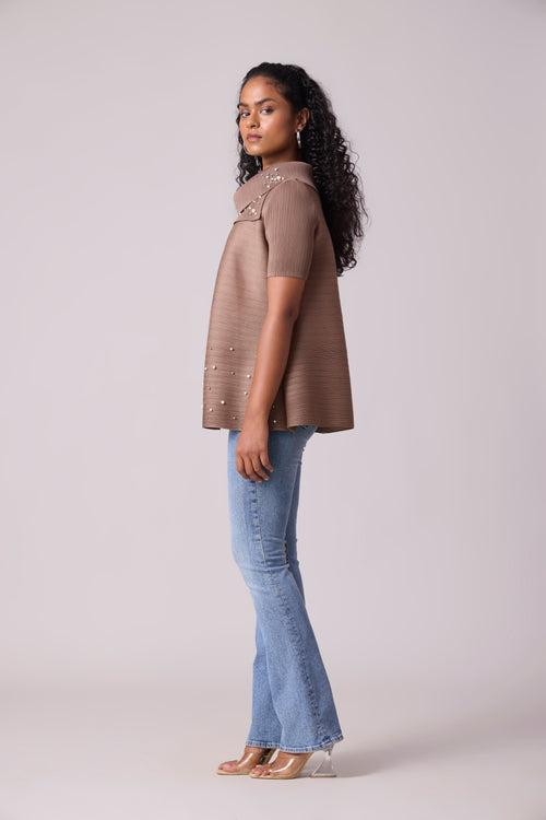 Hazel Pearled Top - Dark Taupe