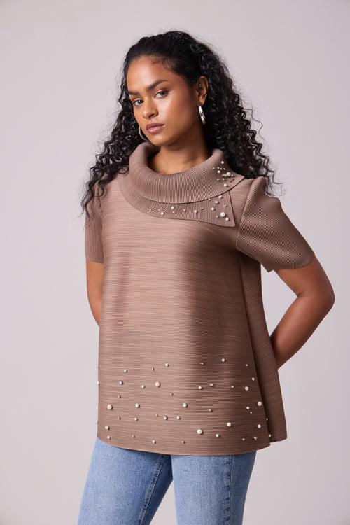 Hazel Pearled Top - Dark Taupe