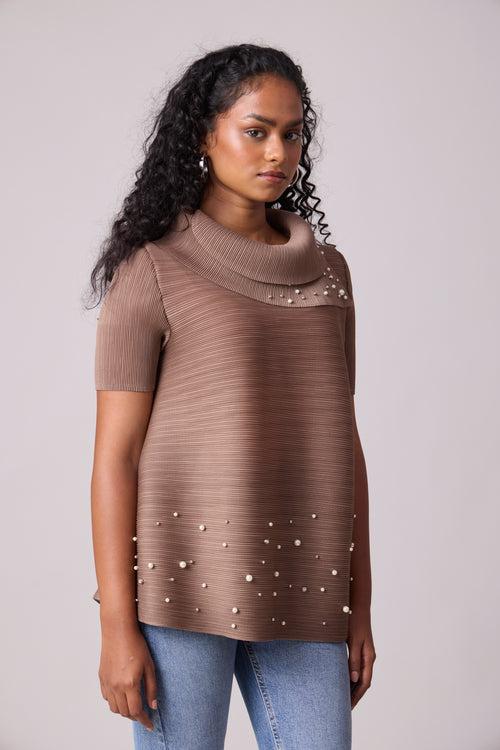 Hazel Pearled Top - Dark Taupe