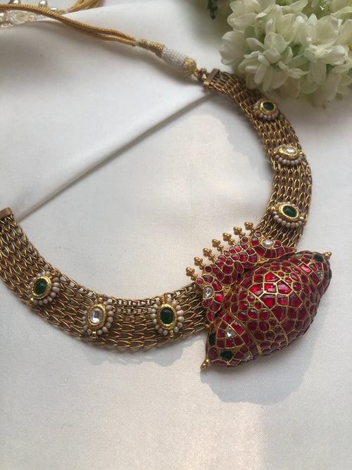 Antique gold polish necklace with antique style ruby pendant