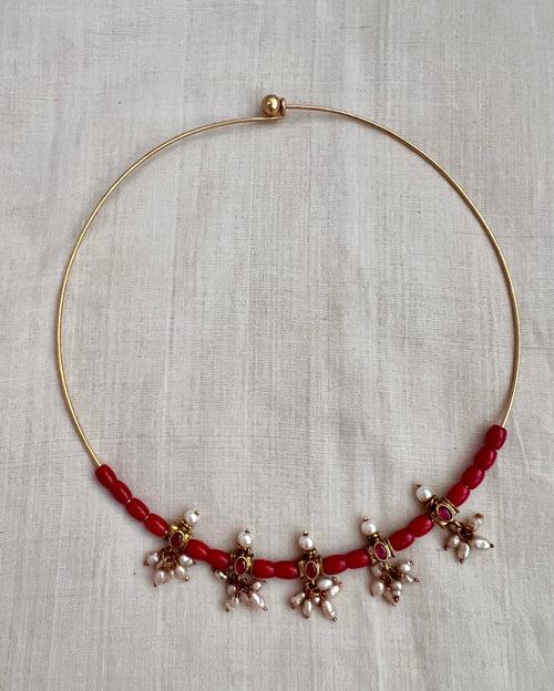 Gold polish coral beads & kundan motifs in a hasli chain