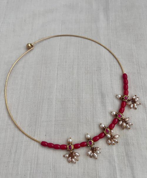 Gold polish coral beads & kundan motifs in a hasli chain