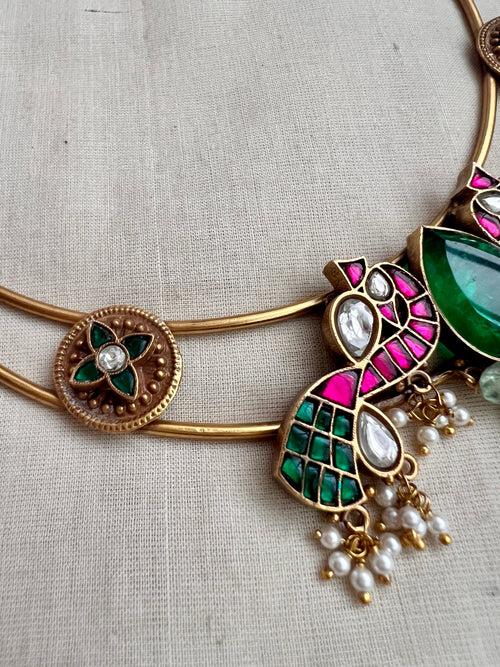 Gold polish hasli with kundan, ruby and emerald motifs and pearls