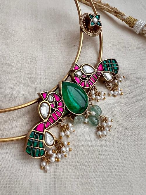 Gold polish hasli with kundan, ruby and emerald motifs and pearls