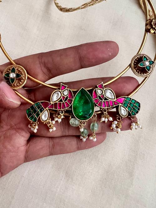 Gold polish hasli with kundan, ruby and emerald motifs and pearls