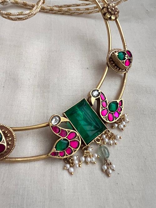 Gold polish hasli with kundan, ruby & emerald stones and pearls