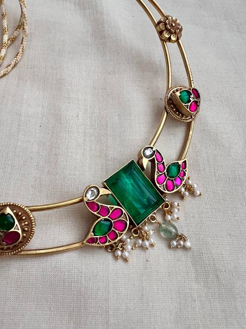 Gold polish hasli with kundan, ruby & emerald stones and pearls