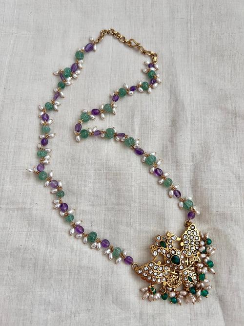 Gold polish kundan & emerald gandaberunda pendant with jade, amethyst & pearls bead chain