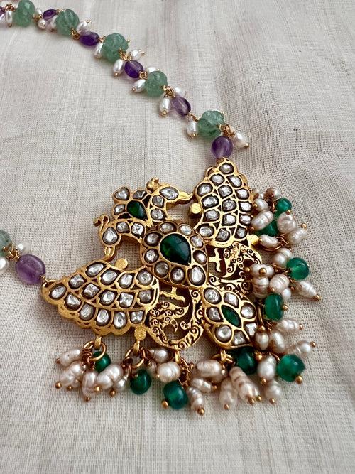Gold polish kundan & emerald gandaberunda pendant with jade, amethyst & pearls bead chain