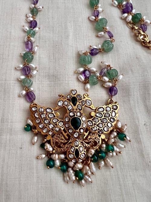 Gold polish kundan & emerald gandaberunda pendant with jade, amethyst & pearls bead chain