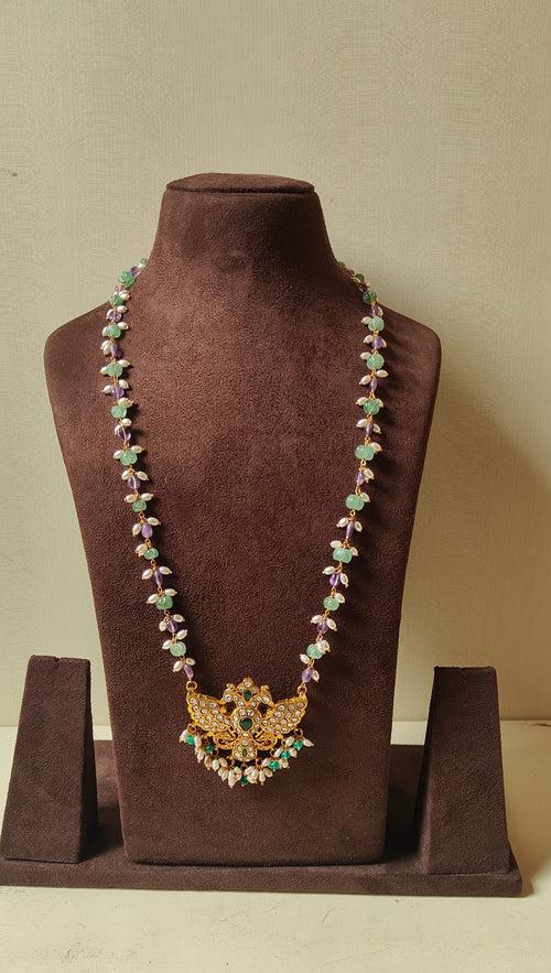 Gold polish kundan & emerald gandaberunda pendant with jade, amethyst & pearls bead chain