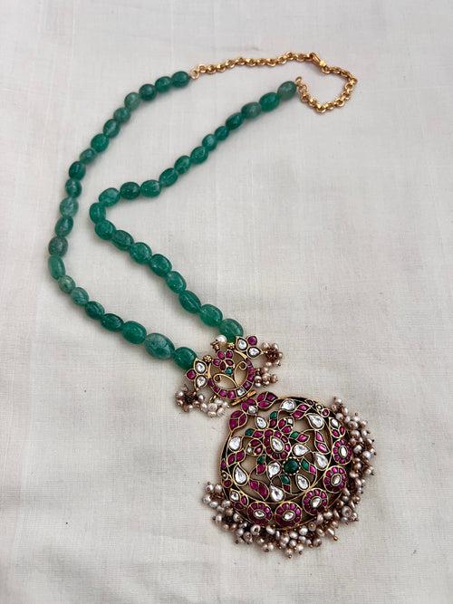 Gold polish kundan, ruby and emerald pendant with jade beads chain