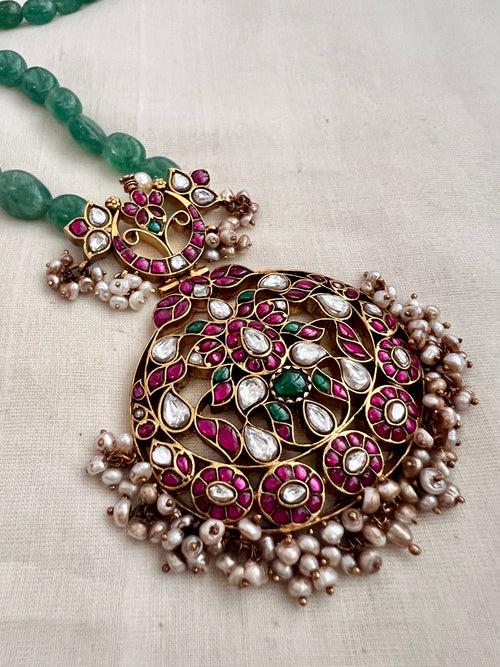 Gold polish kundan, ruby and emerald pendant with jade beads chain
