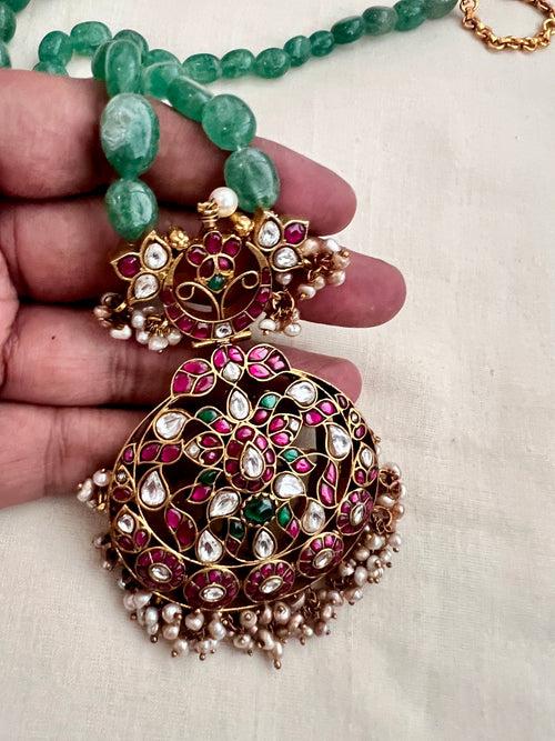Gold polish kundan, ruby and emerald pendant with jade beads chain