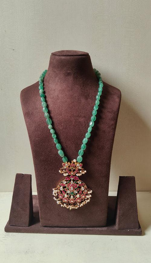 Gold polish kundan, ruby and emerald pendant with jade beads chain