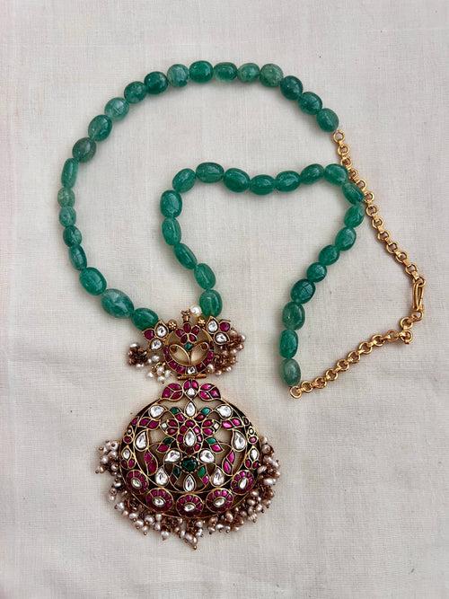 Gold polish kundan, ruby and emerald pendant with jade beads chain