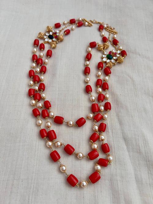 Gold polish three layer coral & pearl beads necklace with kundan motifs