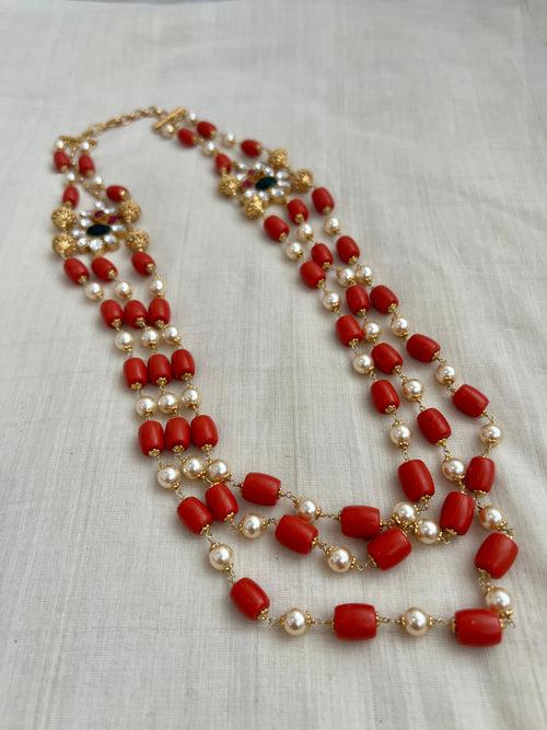 Gold polish three layer coral & pearl beads necklace with kundan motifs