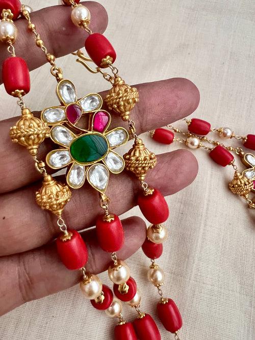 Gold polish three layer coral & pearl beads necklace with kundan motifs