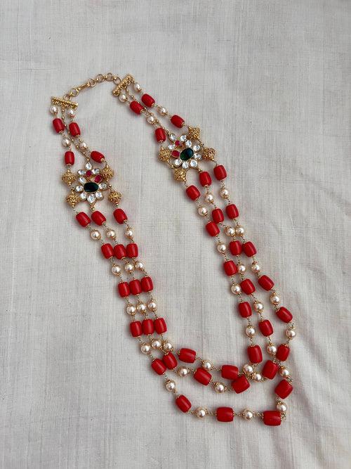 Gold polish three layer coral & pearl beads necklace with kundan motifs