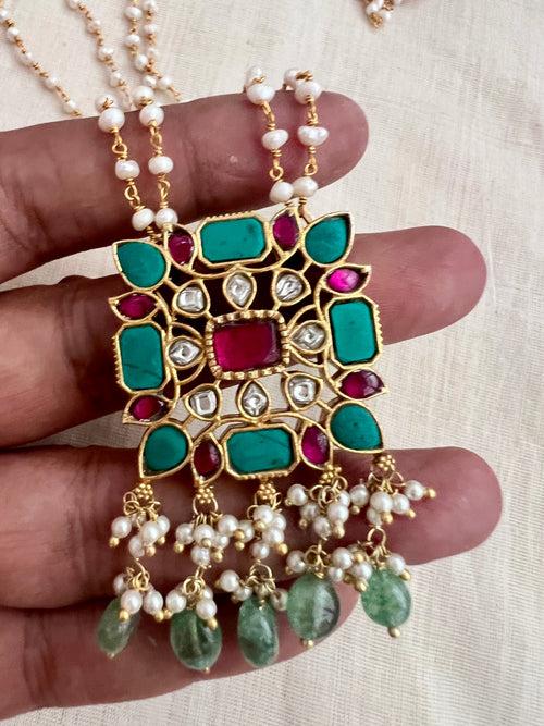 Gold polish turquoise & ruby pendant with pearl chain and earrings SET