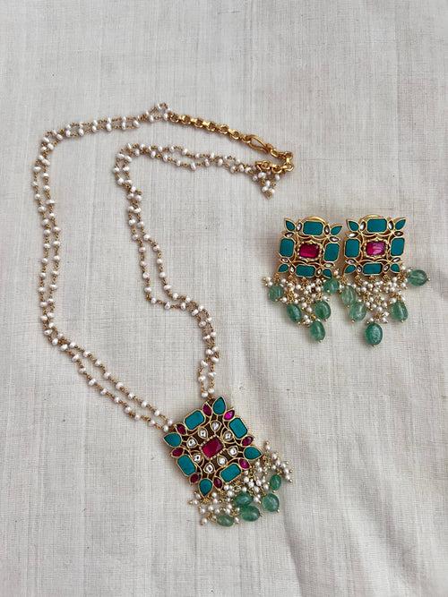 Gold polish turquoise & ruby pendant with pearl chain and earrings SET