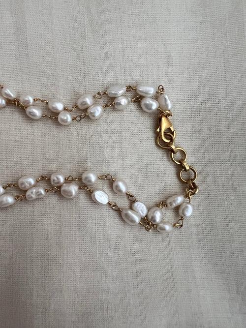 Gold polish two layer long pearl chain