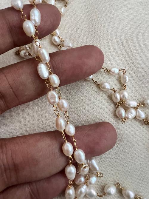 Gold polish two layer long pearl chain