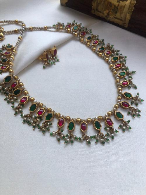 Green & ruby kundan with pearls, SET