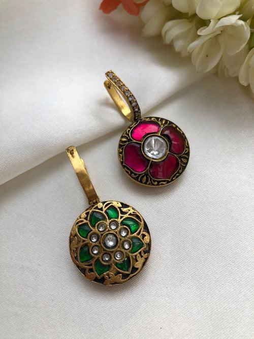 Kundan big flower ruby zircon reversible earrings (Made to order)