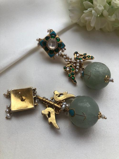 Kundan turquoise & green earrings with an agate bead drop (MADE TO ORDER)
