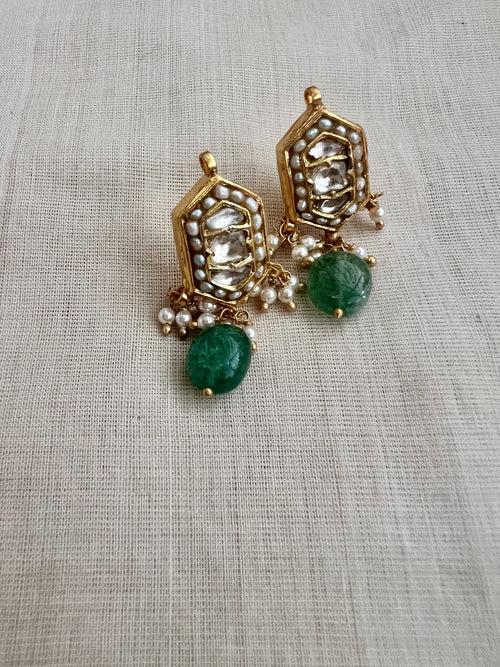 Kundan zircon earrings with green onyx bead