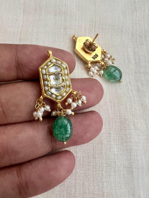 Kundan zircon earrings with green onyx bead