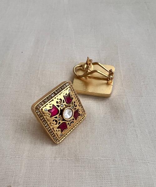 Square ruby and zircon stone kundan earrings