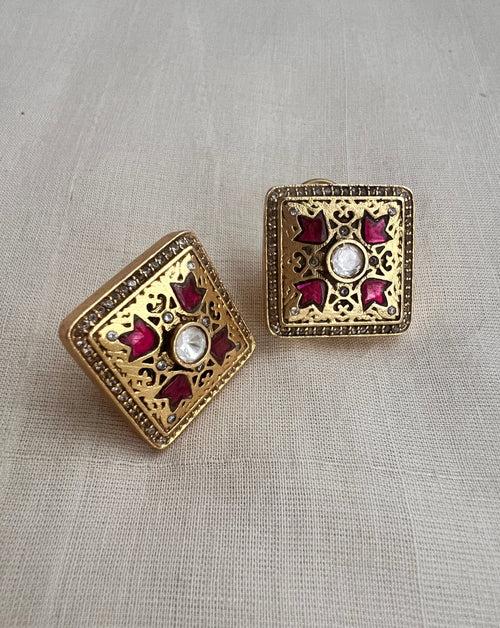 Square ruby and zircon stone kundan earrings