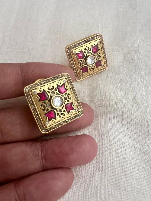 Square ruby and zircon stone kundan earrings